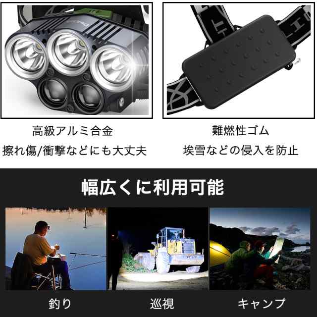 新型5灯】LEDヘッドライト USB充電式 高輝度 8点灯モード 作業灯 防災